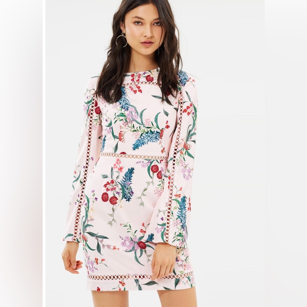 KEEPSAKE the Label Pink Floral Long Sleeve Lace-Trim Mini Dress wedding guest